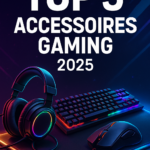 Illustration Top 5 accessoires gaming 2025 avec casque RGB, clavier mécanique et souris sur tapis rétroéclairé