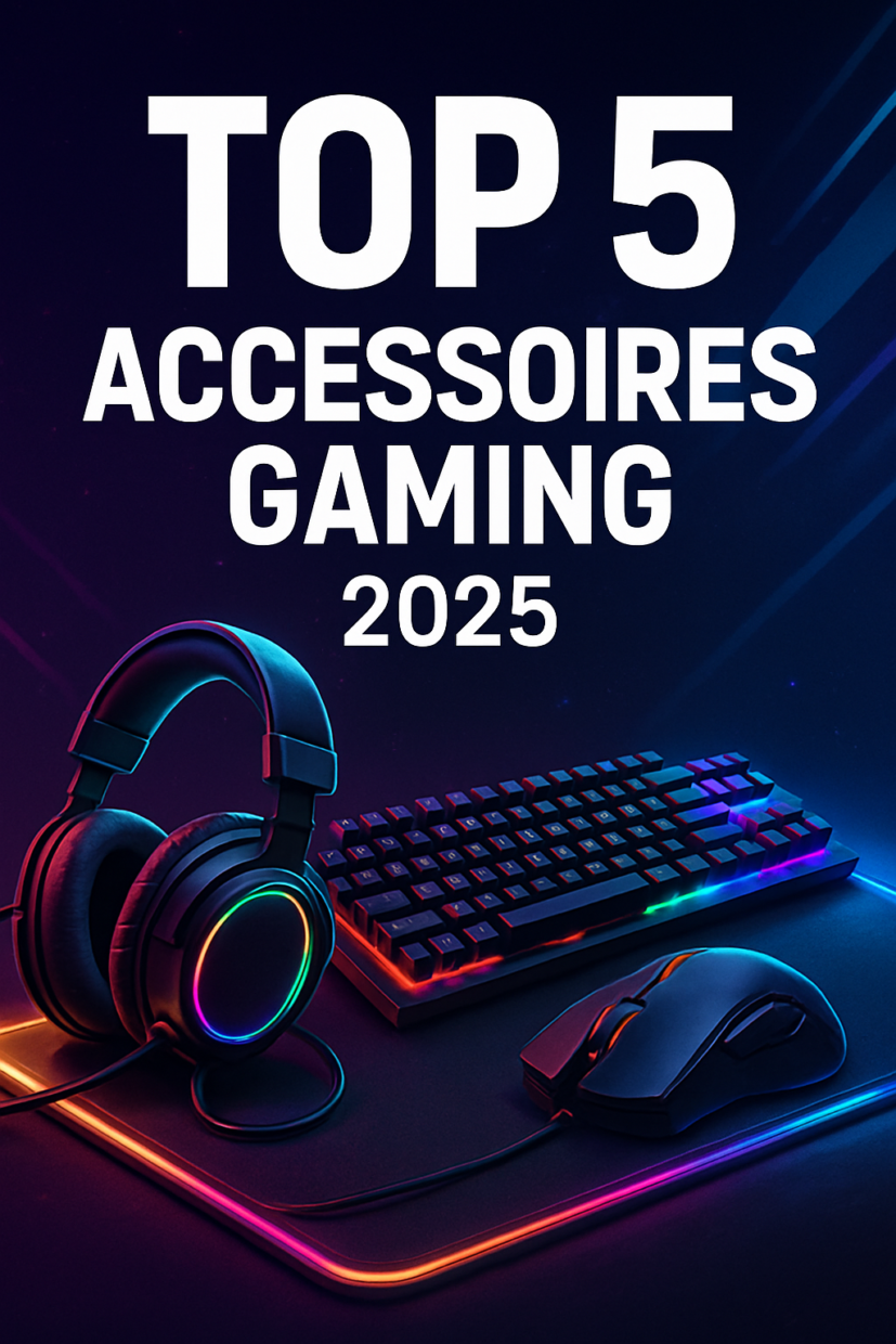 Illustration Top 5 accessoires gaming 2025 avec casque RGB, clavier mécanique et souris sur tapis rétroéclairé