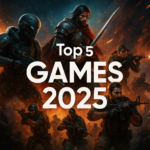 Illustration stylisée Top 5 jeux vidéo 2025 avec manette, éclairage RGB et ambiance gaming futuriste