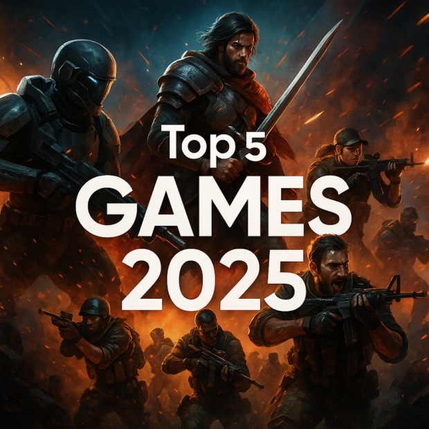 Illustration stylisée Top 5 jeux vidéo 2025 avec manette, éclairage RGB et ambiance gaming futuriste