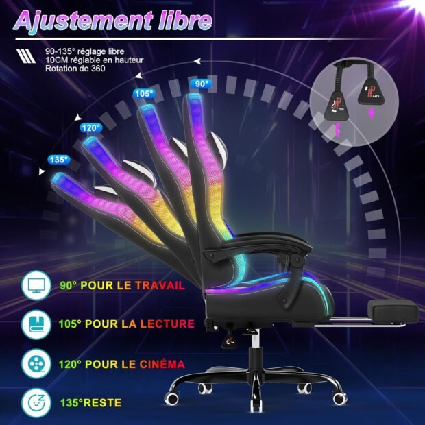 meilleure chaise gaming Amazon - Devoko Chaise Gaming LED RGB