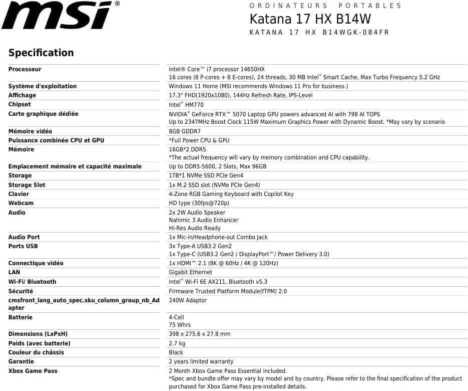 MSI Katana 17 HX clavier gaming