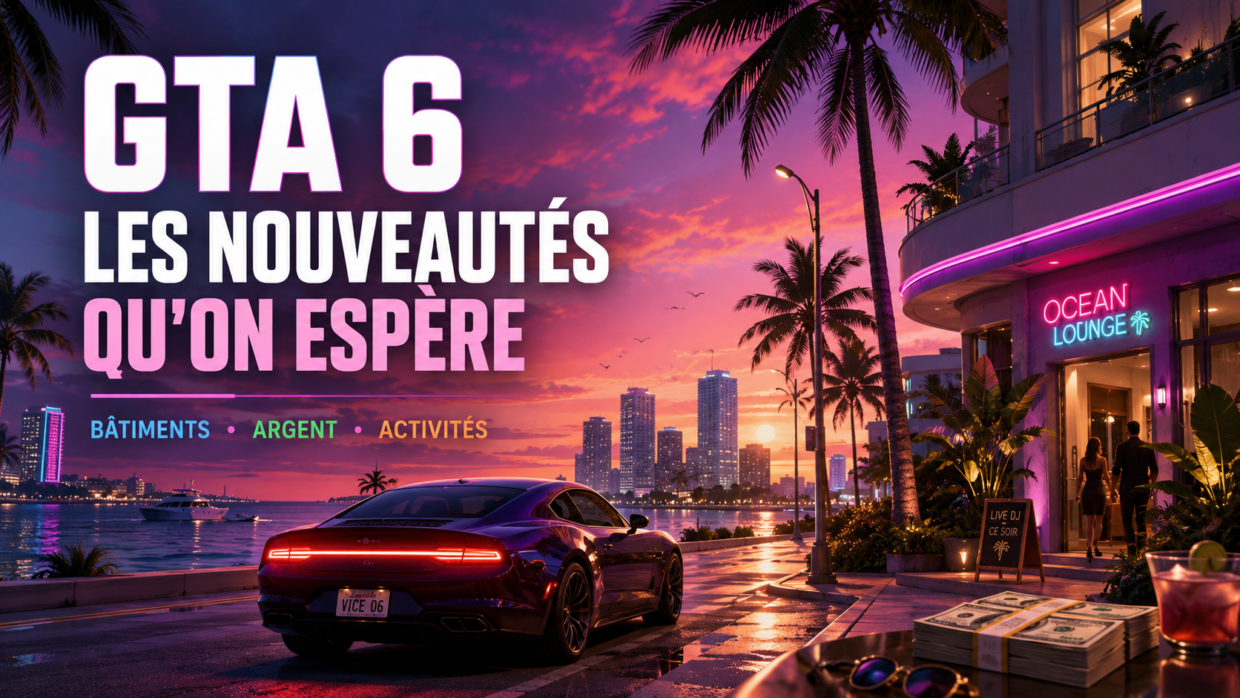 GTA 6 nouveautés attendues avec une ambiance Vice City, une voiture de luxe, des bâtiments accessibles, de l’argent et des activités en ville.