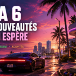 GTA 6 nouveautés attendues avec une ambiance Vice City, une voiture de luxe, des bâtiments accessibles, de l’argent et des activités en ville.